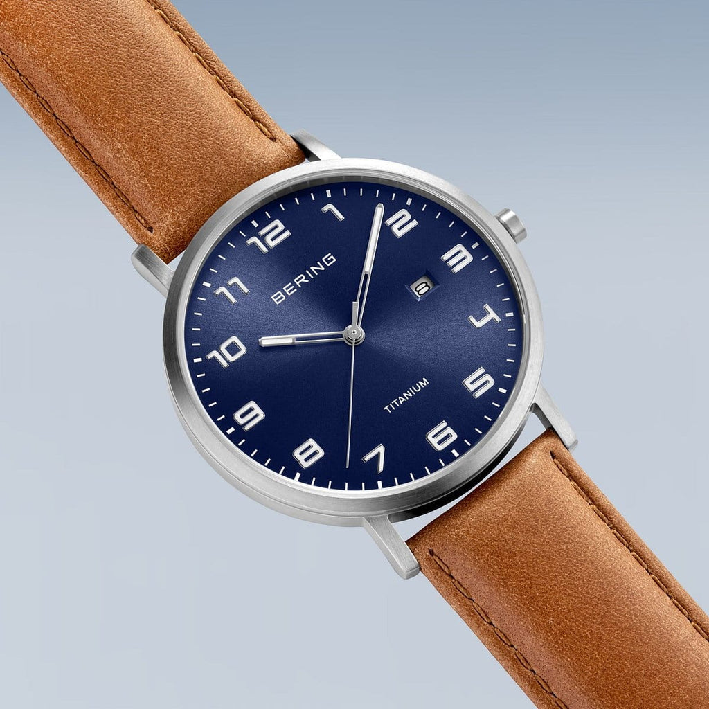 BERING Titanium Brushed Silver 40mm Blue Sunray Dial Men's Watch 18640-567