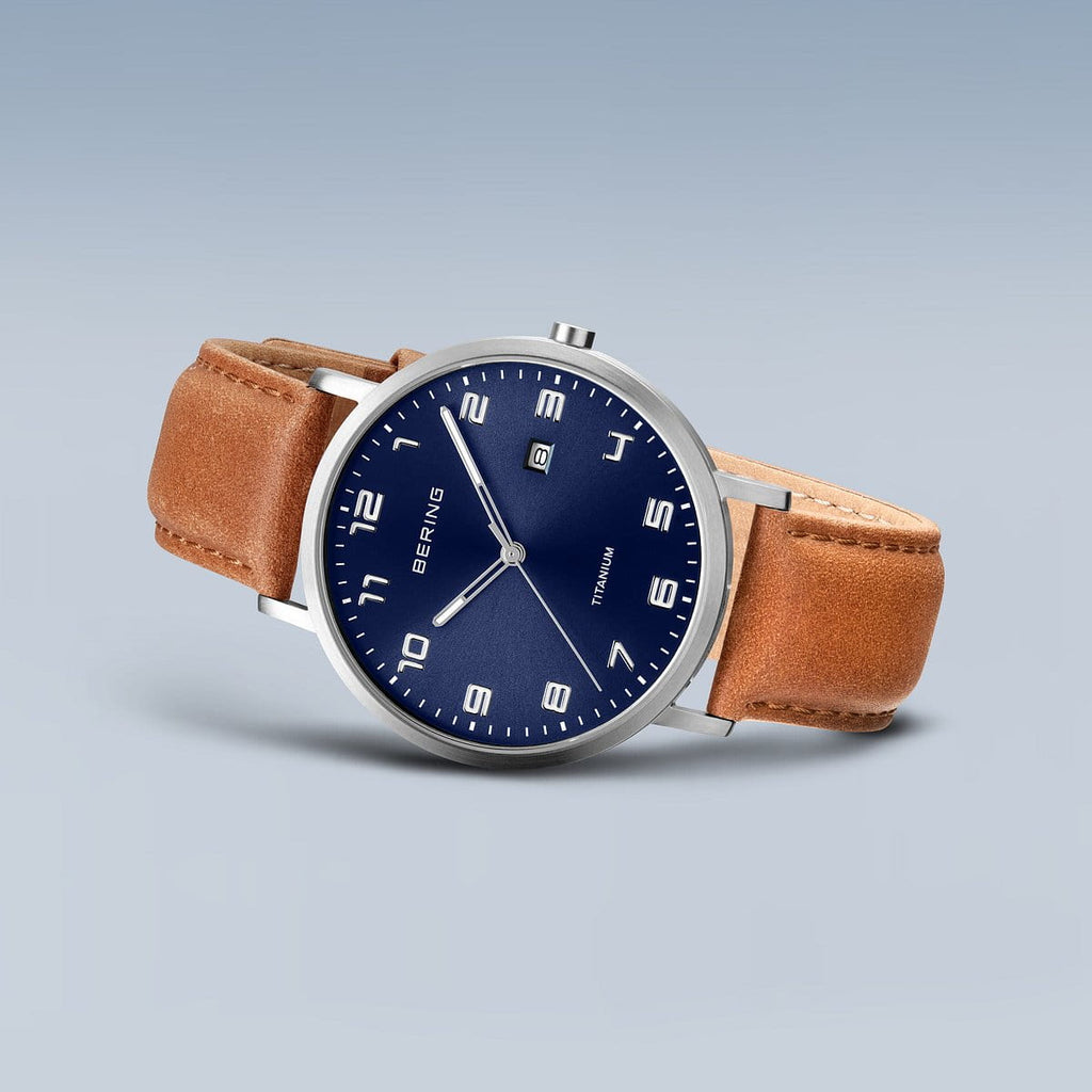 BERING Titanium Brushed Silver 40mm Blue Sunray Dial Men's Watch 18640-567