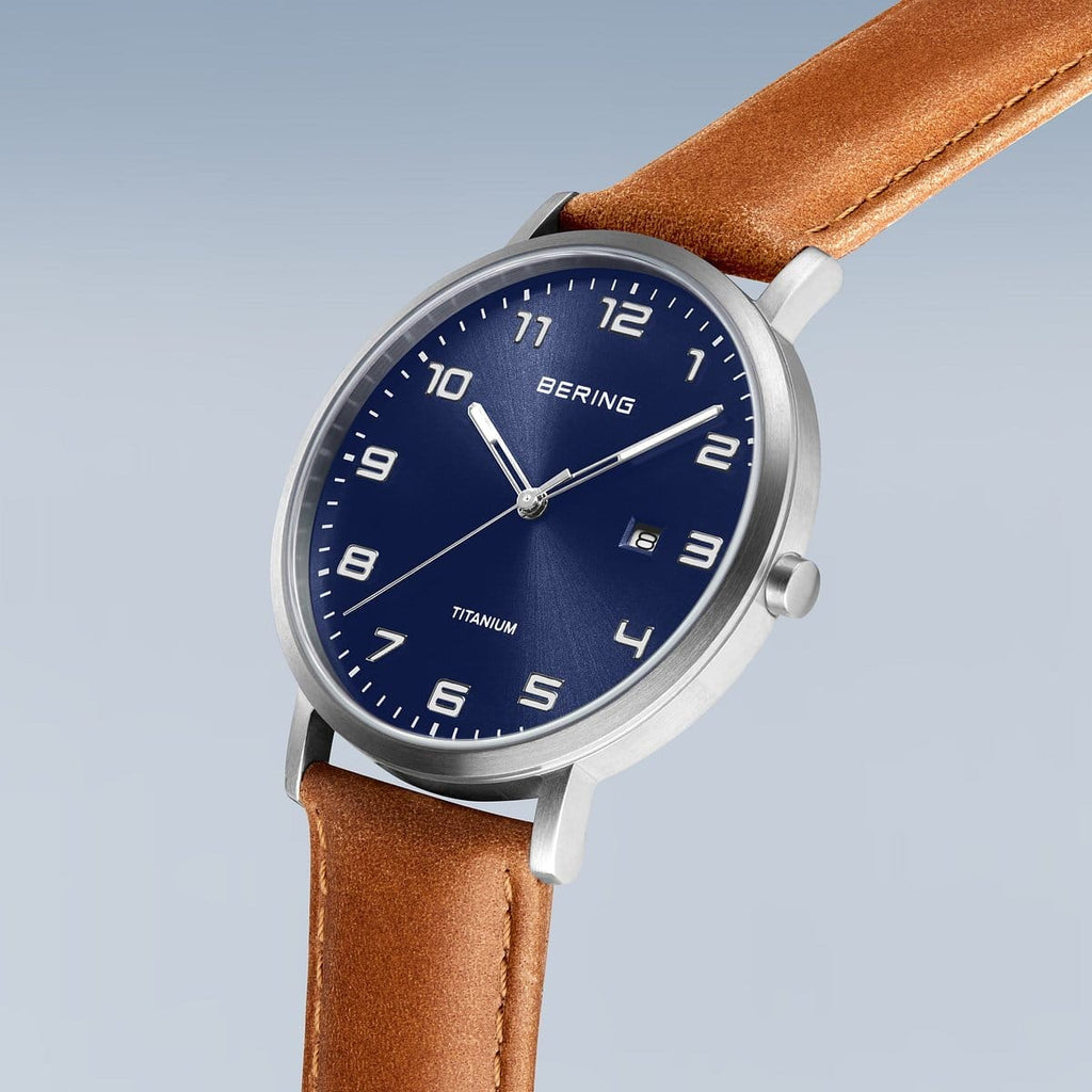BERING Titanium Brushed Silver 40mm Blue Sunray Dial Men's Watch 18640-567