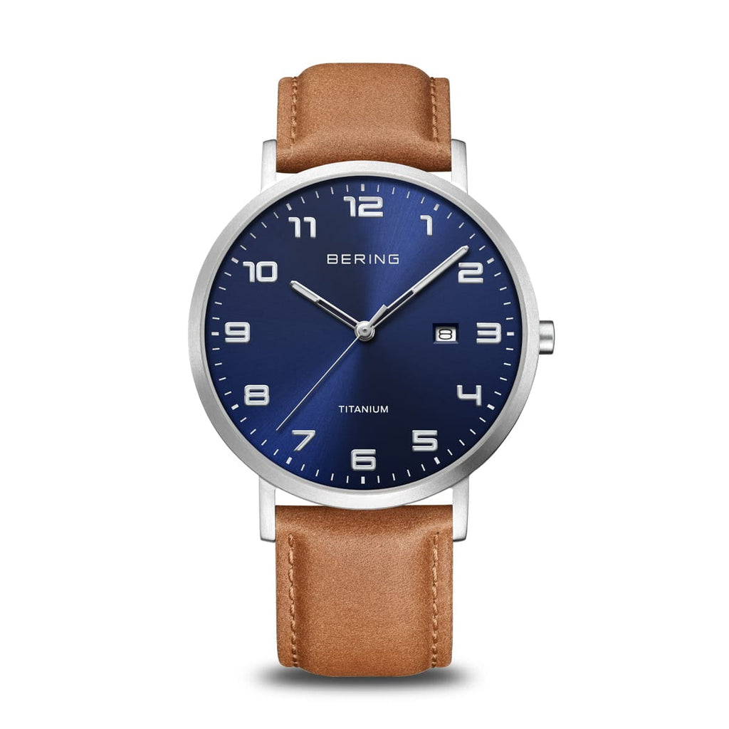 BERING Titanium Brushed Silver 40mm Blue Sunray Dial Men's Watch 18640-567